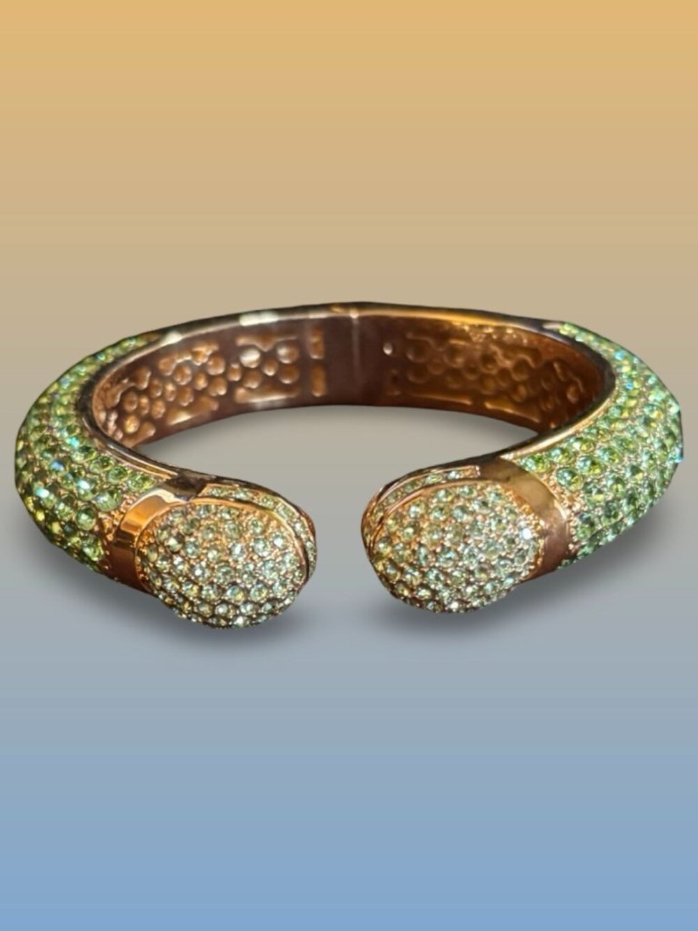 Joan Boyce Kissable Green Crystal Hinged Cuff Bracelet with Rhinestone Accents